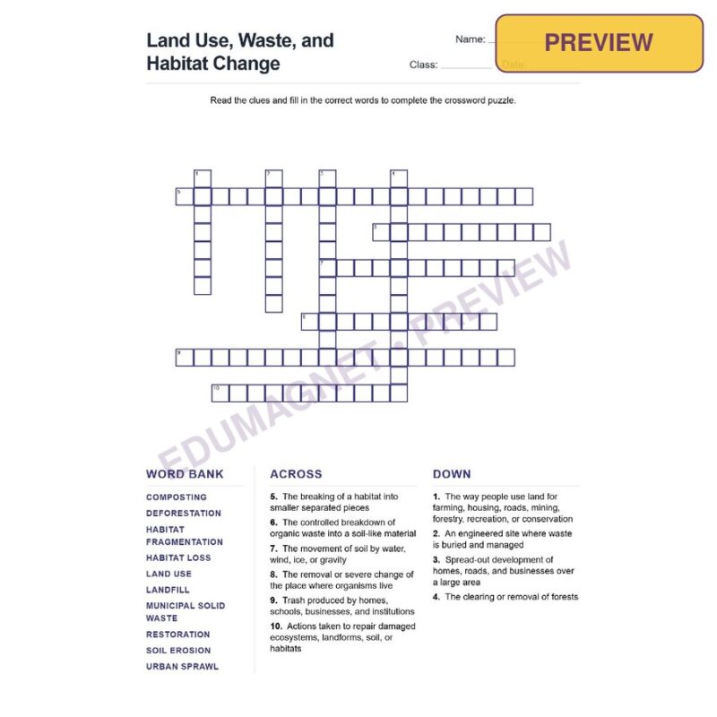 Land Use, Waste, And Habitat Change (Crossword Worksheets) Grade 7 NGSS