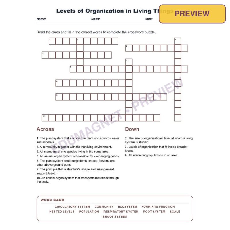 Levels Of Organization In Living Things (Crossword Worksheets) Virginia SOL LS.3a
