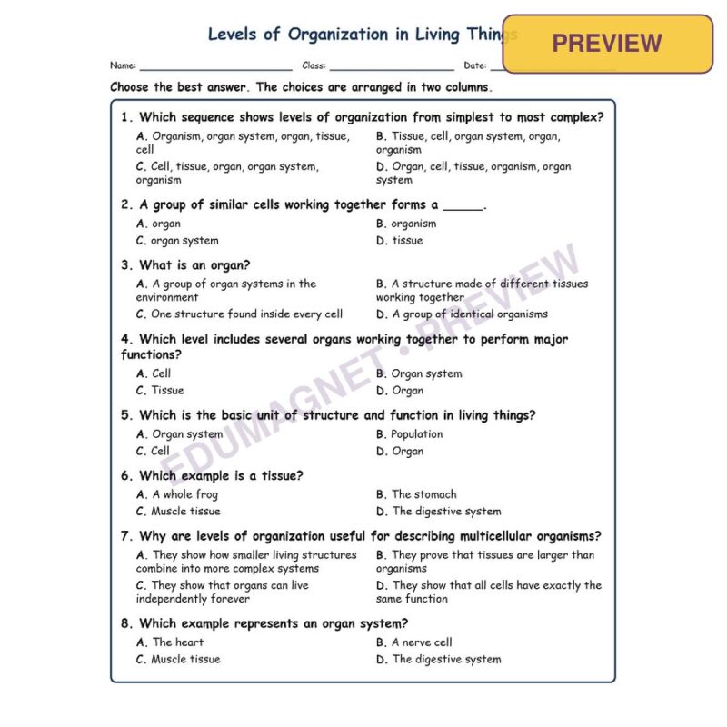 Levels Of Organization In Living Things Life Science Virginia SOL LS.3A MCQ Fill