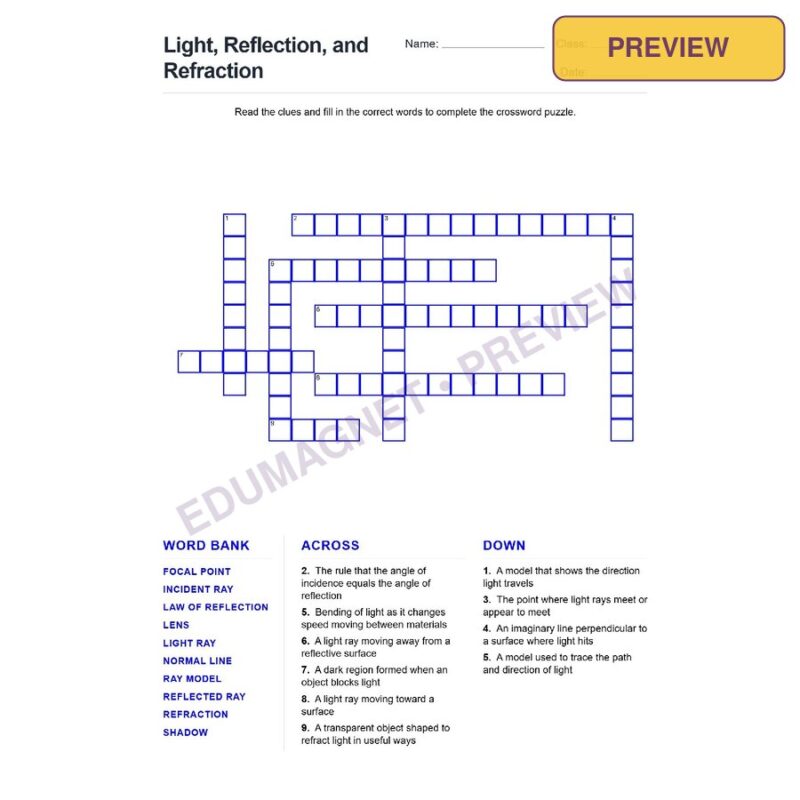 Light Reflection And Refraction (Crossword Worksheets) Grade 7 NGSS