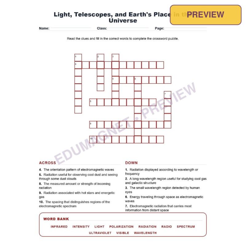 Light Telescopes And Earths Place In The Universe (Crossword Worksheets) Grade 8 NGSS