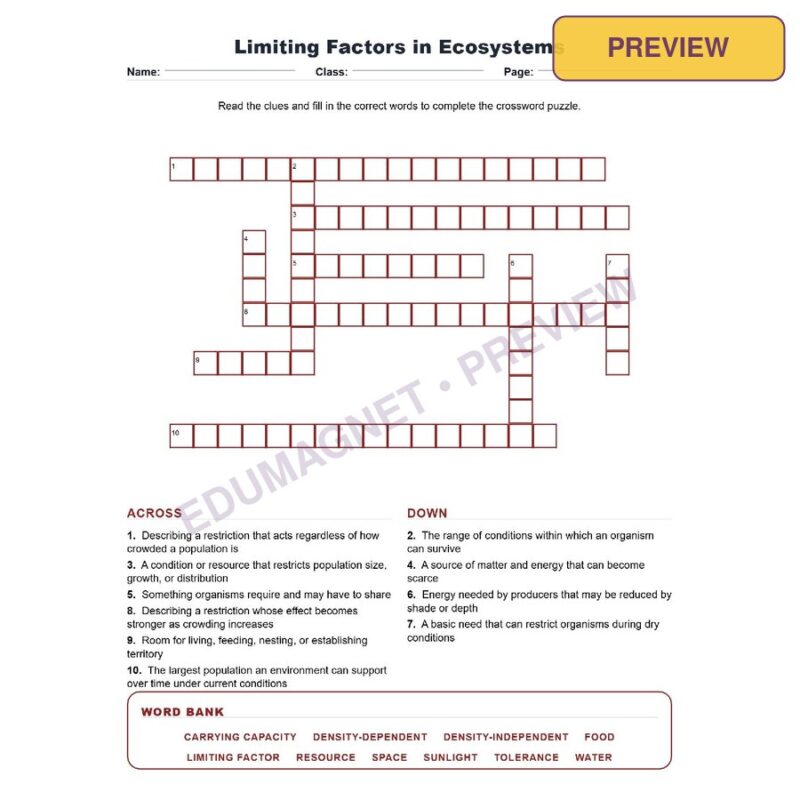 Limiting Factors In Ecosystems (Crossword Worksheets) Virginia Life Science SOL LS.8