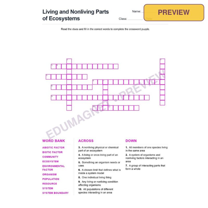 Living And Nonliving Parts Of Ecosystems (Crossword Worksheets) Grade 7 NGSS