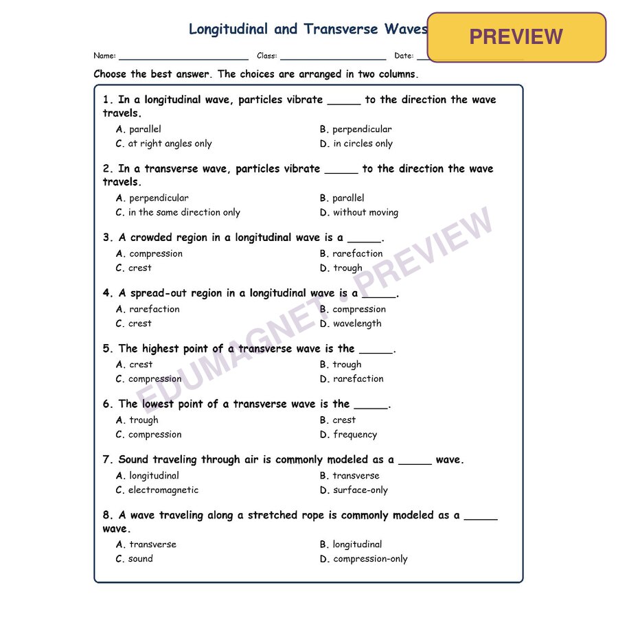 Longitudinal Fill MCQ Written Exit Tickets Worksheet SOL Physical Science