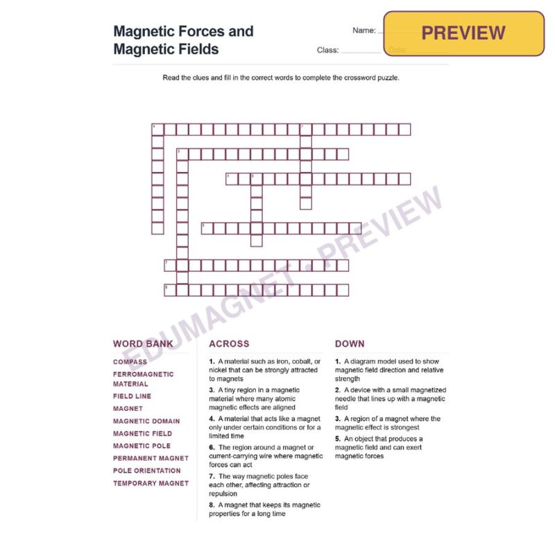 Magnetic Forces And Magnetic Fields (Crossword Worksheets) Grade 7 NGSS