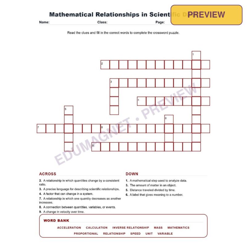 Mathematical Relationships In Scientific Data (Crossword Worksheets) Science TEKS 7.2C
