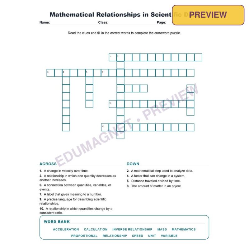 Mathematical Relationships In Scientific Data (Crossword Worksheets) Science TEKS 8.2C