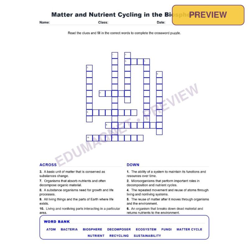 Matter And Nutrient Cycling In The Biosphere (Crossword Worksheets) Grade 7 Science TEKS 7.12B