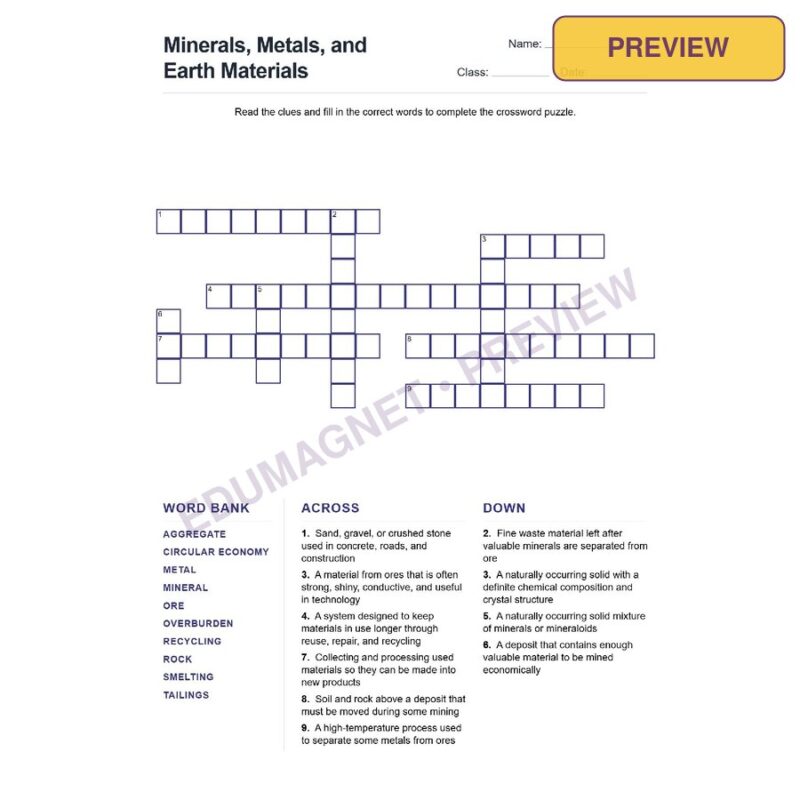 Minerals, Metals, And Earth Materials (Crossword Worksheets) Grade 7 NGSS