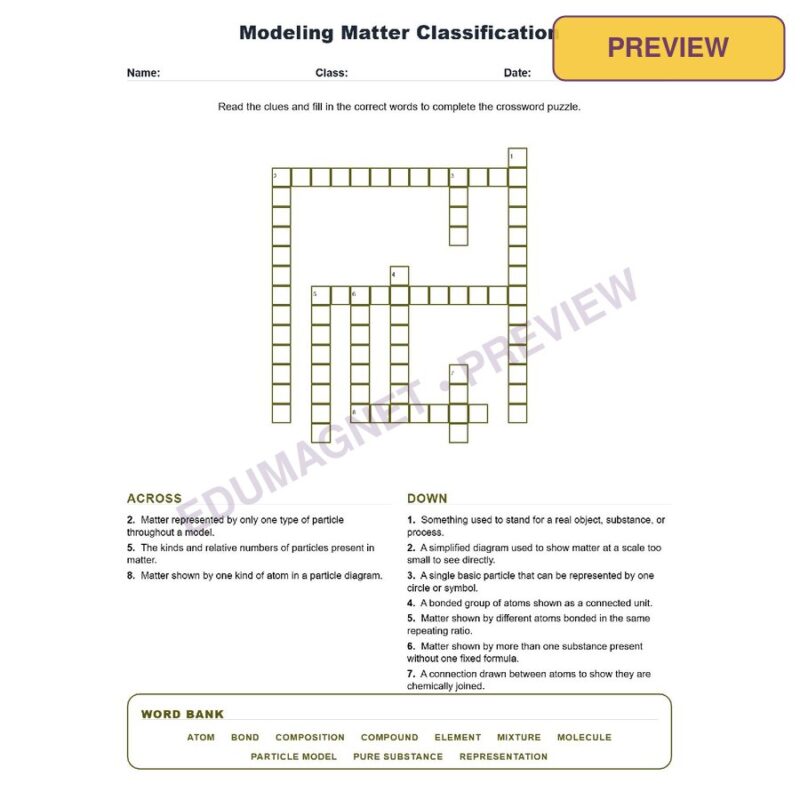 Modeling Matter Classification (Crossword Worksheets) Grade 8 Science TEKS 8.6A