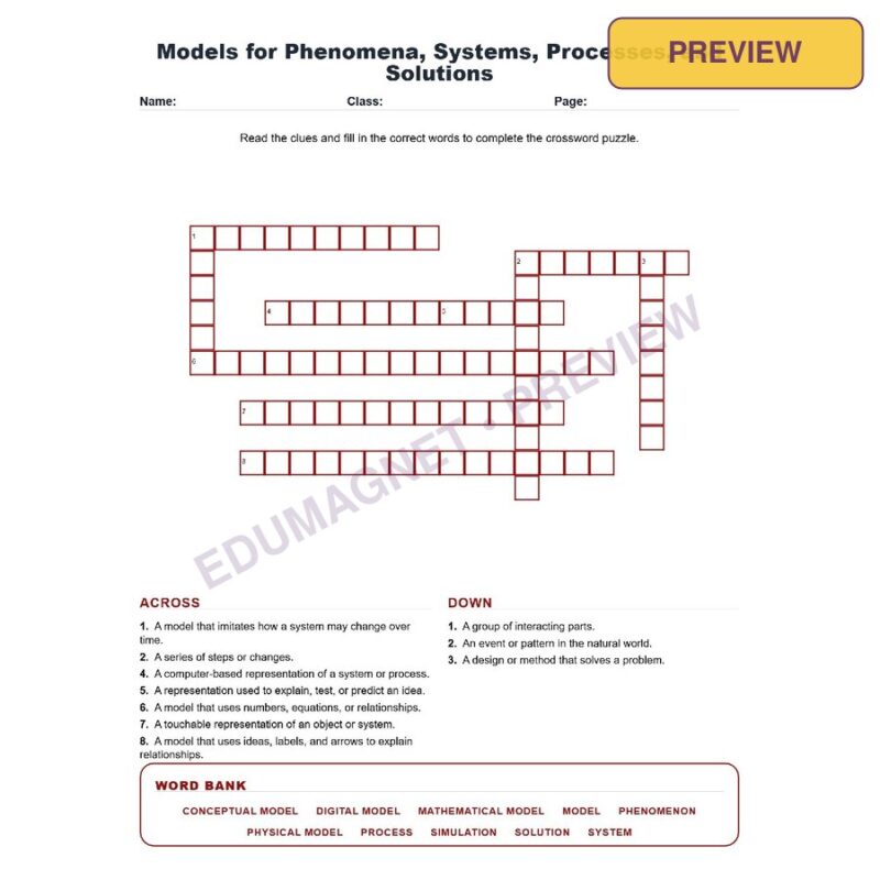 Models For Phenomena, Systems, Processes, And Solutions (Crossword Worksheets) Science TEKS 7.1G