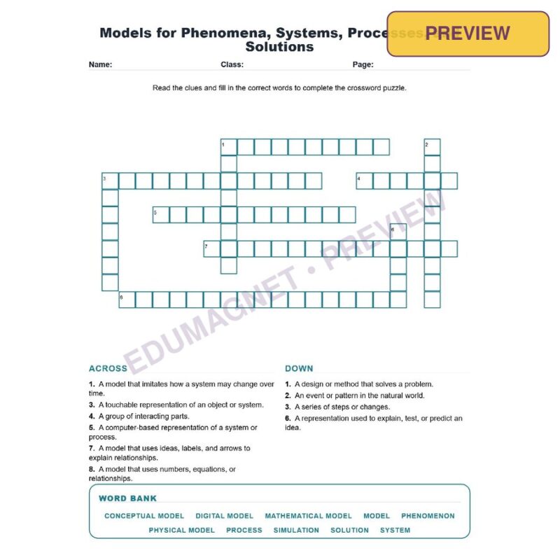 Models For Phenomena, Systems, Processes, And Solutions (Crossword Worksheets) Science TEKS 8.1G