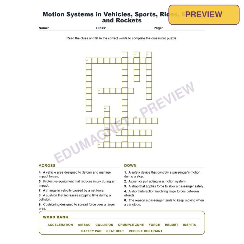 Motion Systems In Vehicles, Sports, Rides, Earth, And Rockets (Crossword Worksheets) Science TEKS 8.7B