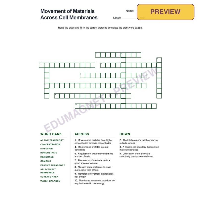 Movement Of Materials Across Cell Membranes (Crossword Worksheets) Grade 7 NGSS