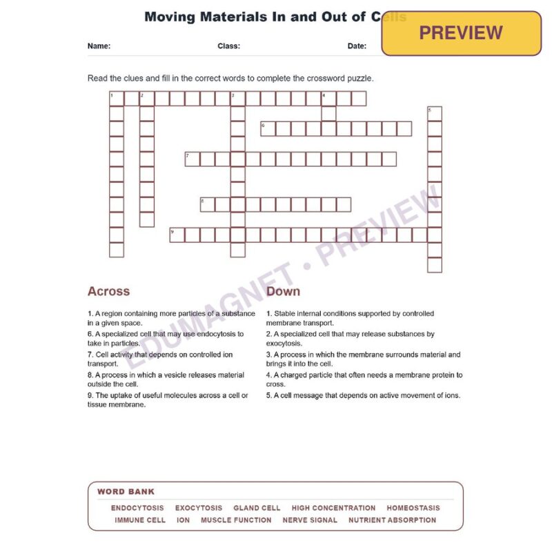 Moving Materials In And Out Of Cells (Crossword Worksheets) Virginia Grade 7 Life Science SOL LS.2