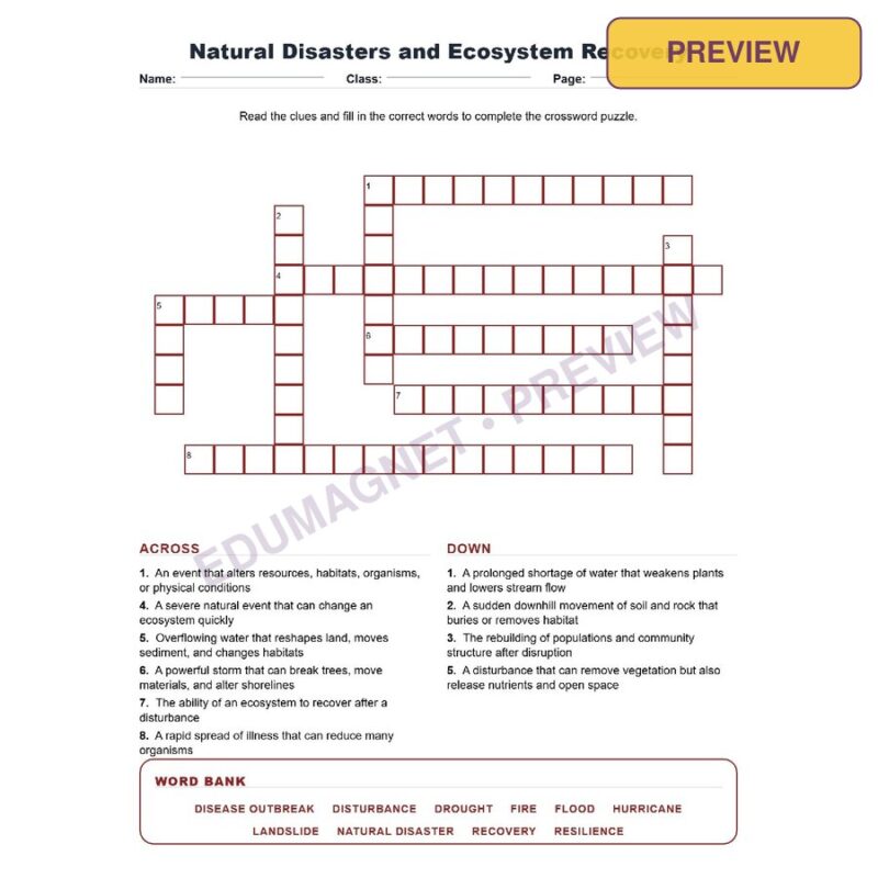 Natural Disasters And Ecosystem Recovery (Crossword Worksheets) Virginia Life Science SOL LS.8