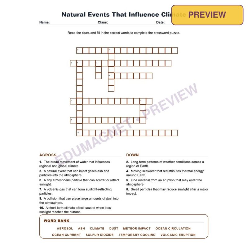 Natural Events That Influence Climate (Crossword Worksheets) Grade 8 Science TEKS 8.11A