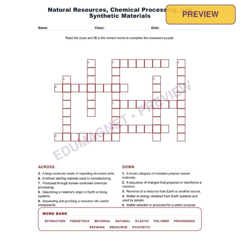Natural Resources Chemical Processing And Synthetic Materials (Crossword Worksheets) Grade 8 NGSS MS PS1 3