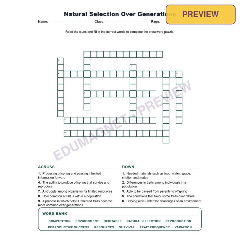 Natural Selection Over Generations (Crossword Worksheets) Virginia SOL LS.11
