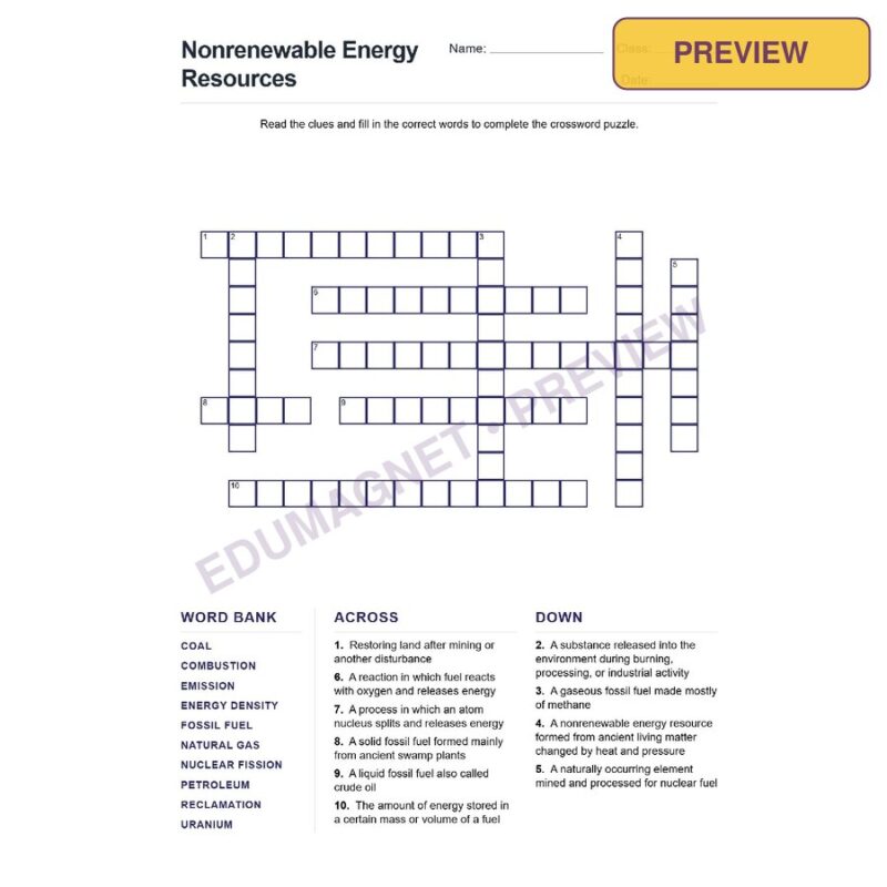 Nonrenewable Energy Resources (Crossword Worksheets) Grade 7 NGSS