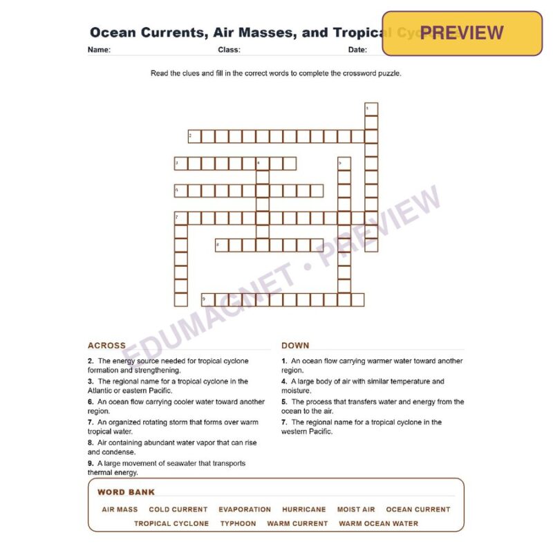 Ocean Currents, Air Masses, And Tropical Cyclones (Crossword Worksheets) Grade 8 Science TEKS 8.10C