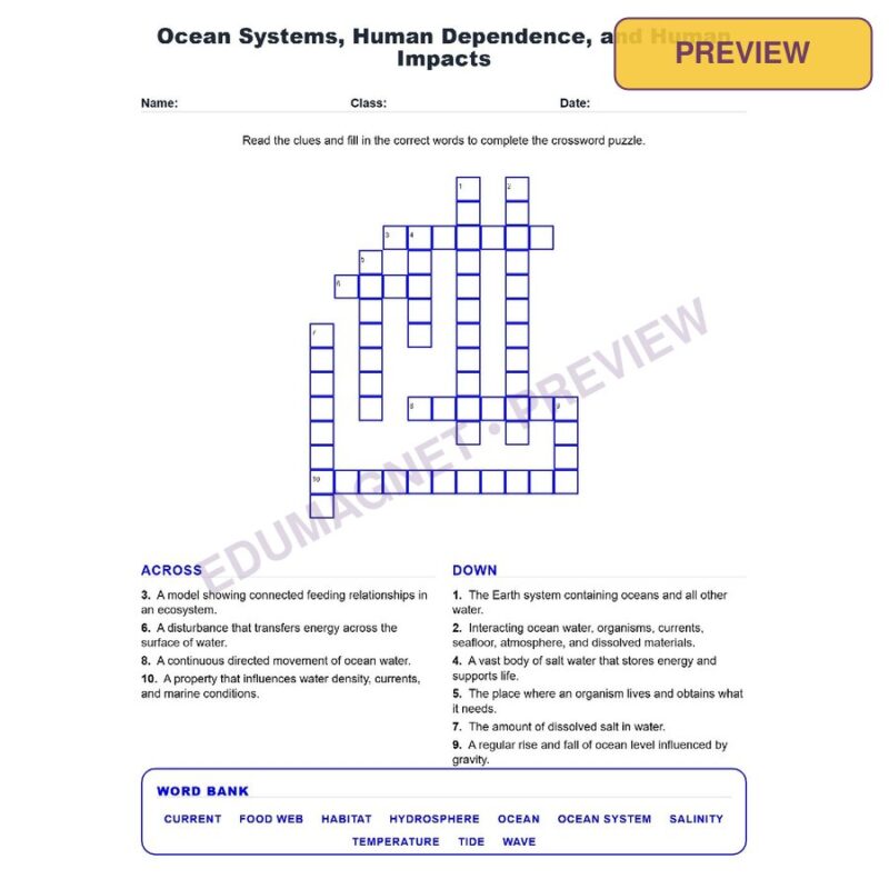 Ocean Systems, Human Dependence, And Human Impacts (Crossword Worksheets) Grade 7 Science TEKS 7.11B