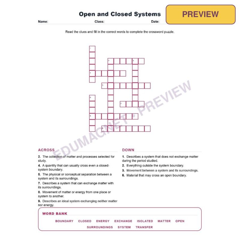 Open And Closed Systems (Crossword Worksheets) Grade 8 NGSS MS PS1 5