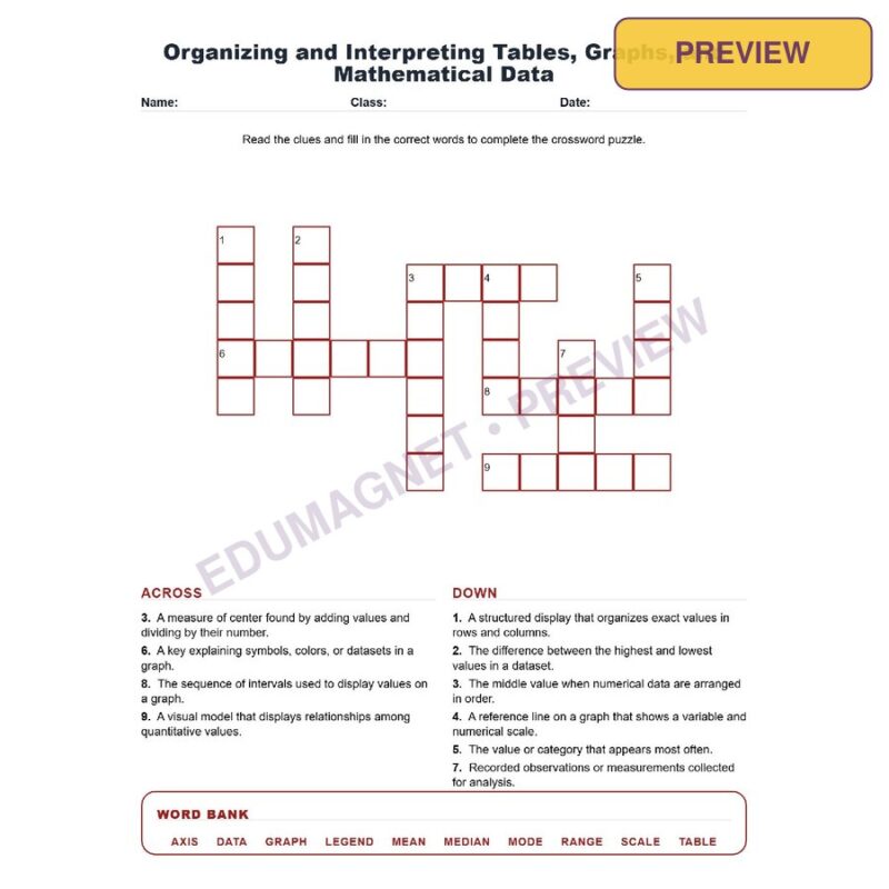 Organizing And Interpreting Tables, Graphs, And Mathematical Data (Crossword Worksheets) NGSS MS ETS1 2 And MS ETS1 3