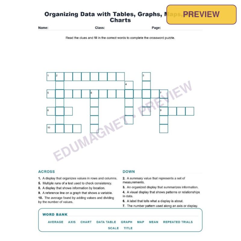 Organizing Data With Tables, Graphs, Maps, And Charts (Crossword Worksheets) Science TEKS 8.1F