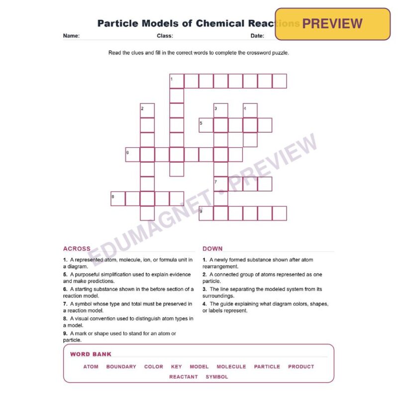 Particle Models Of Chemical Reactions (Crossword Worksheets) Grade 8 NGSS MS PS1 5