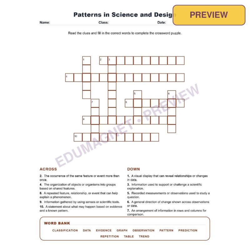 Patterns In Science And Design (Crossword Worksheets) Grade 7 Science TEKS 7.5A