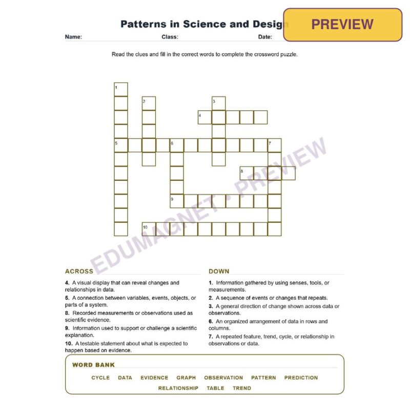 Patterns In Science And Design (Crossword Worksheets) Grade 8 Science TEKS 8.5A