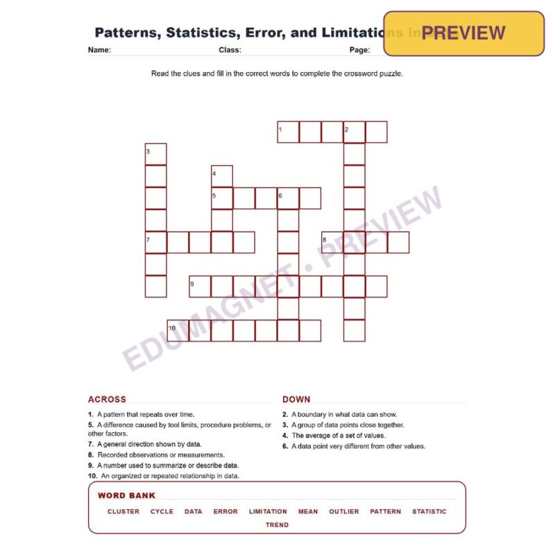Patterns, Statistics, Error, And Limitations In Data (Crossword Worksheets) Science TEKS 7.2B