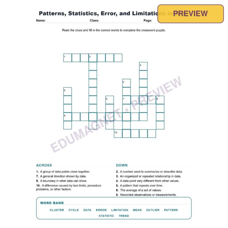 Patterns, Statistics, Error, And Limitations In Data (Crossword Worksheets) Science TEKS 8.2B