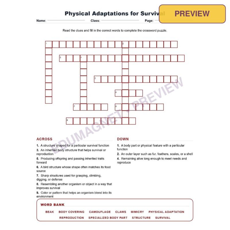 Physical Adaptations For Survival (Crossword Worksheets) Virginia SOL LS.6 And LS.7