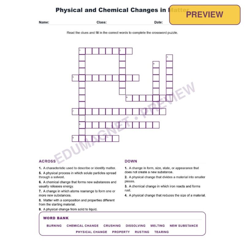 Physical And Chemical Changes In Matter (Crossword Worksheets) Grade 7 Science TEKS 7.6C