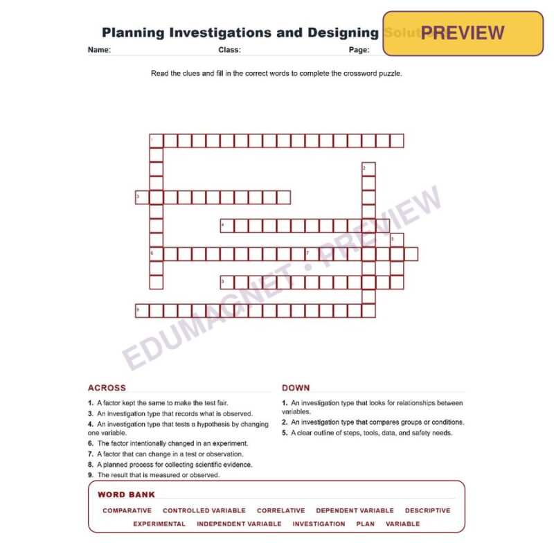 Planning Investigations And Designing Solutions (Crossword Worksheets) Science TEKS 7.1B