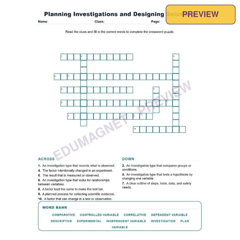 Planning Investigations And Designing Solutions (Crossword Worksheets) Science TEKS 8.1B
