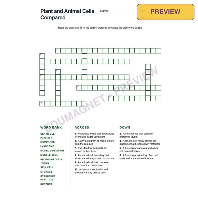 Plant And Animal Cells Compared (Crossword Worksheets) Grade 7 NGSS