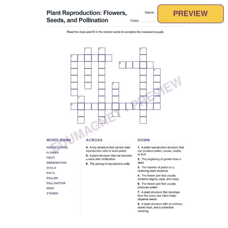 Plant Reproduction Flowers Seeds And Pollination (Crossword Worksheets) Grade 7 NGSS