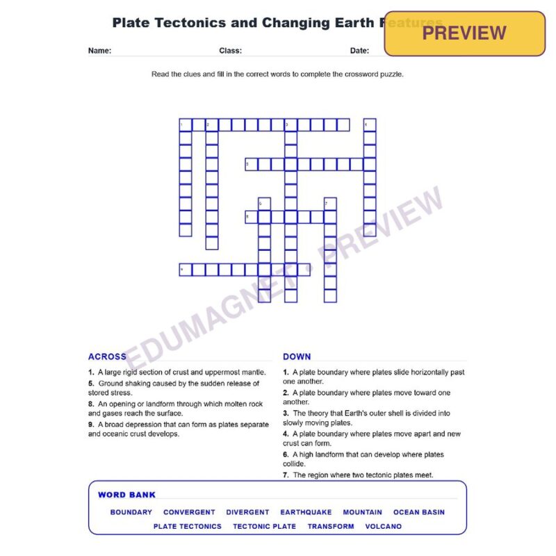 Plate Tectonics And Changing Earth Features (Crossword Worksheets) Grade 7 Science TEKS 7.10B