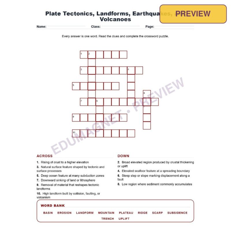 Plate Tectonics, Landforms, Earthquakes, And Volcanoes (Crossword Worksheets) Grade 8 NGSS Unit 8