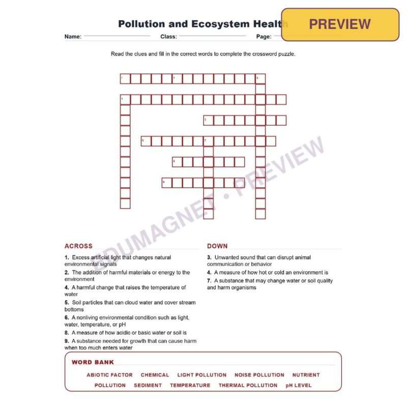 Pollution And Ecosystem Health (Crossword Worksheets) Virginia Grade 7 Life Science Unit 8