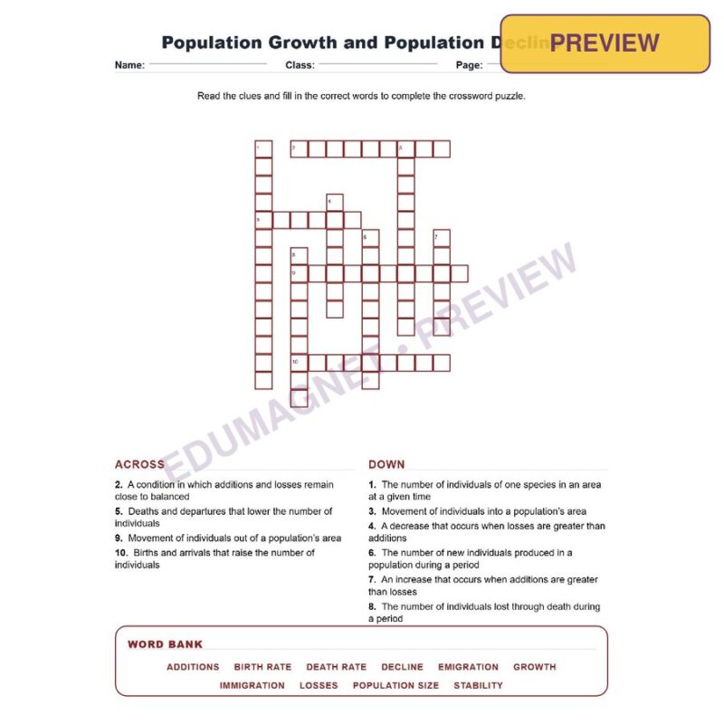 Population Growth And Population Decline (Crossword Worksheets) Virginia Life Science SOL LS.8