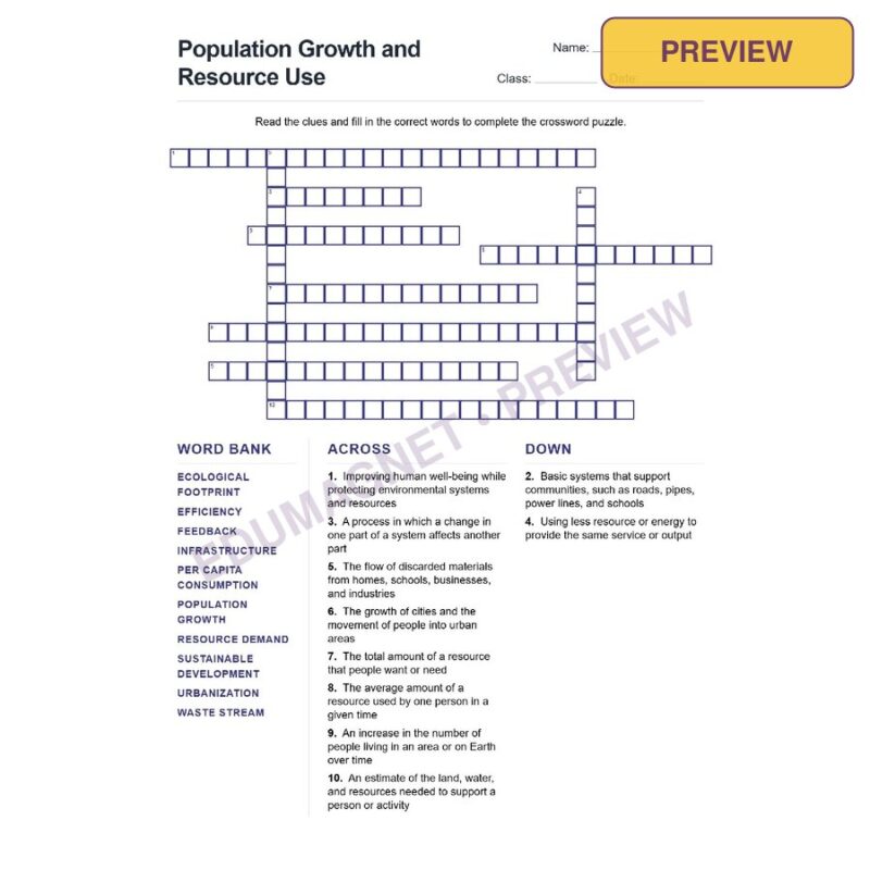 Population Growth And Resource Use (Crossword Worksheets) Grade 7 NGSS