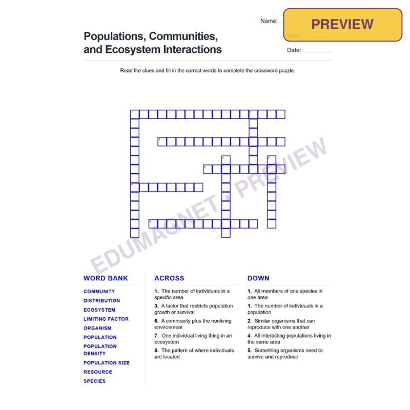 Populations, Communities, And Ecosystem Interactions (Crossword Worksheets) Grade 7 NGSS