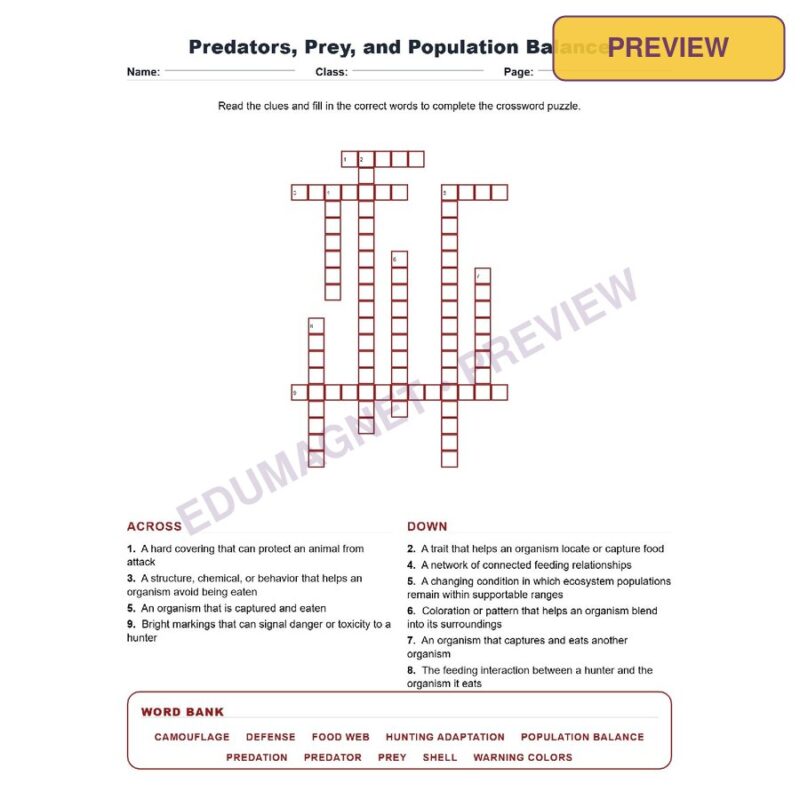 Predators, Prey, And Population Balance (Crossword Worksheets) Virginia SOL LS.6 And LS.7