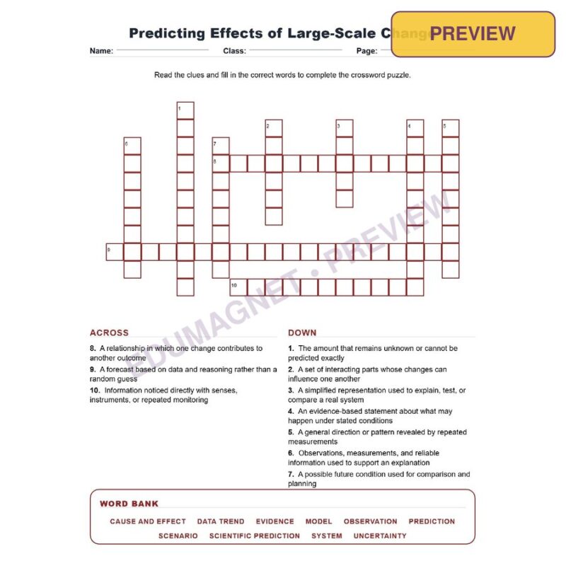 Predicting Effects Of Large Scale Change (Crossword Worksheets) Virginia Life Science SOL LS.8