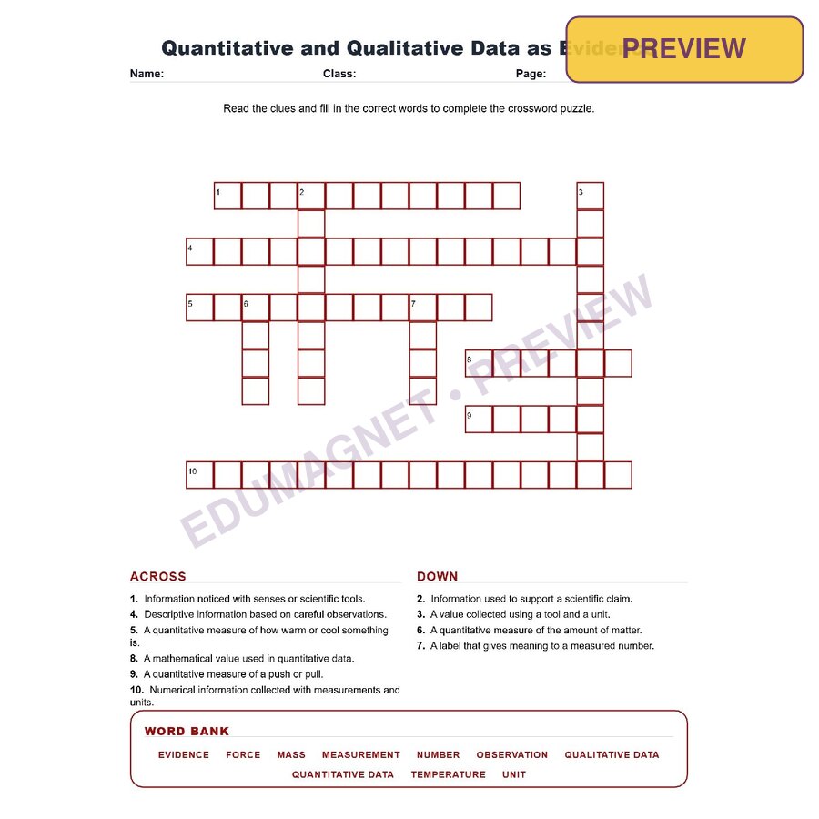 Quantitative And Qualitative Data As Evidence (Crossword Worksheets) Science TEKS 7.1E