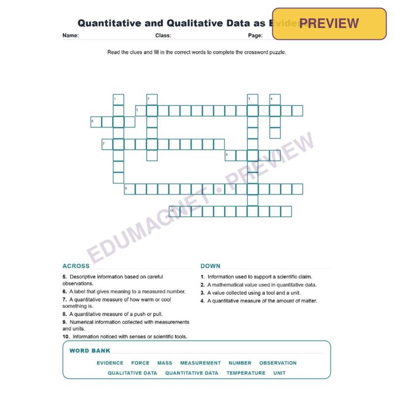 Quantitative And Qualitative Data As Evidence (Crossword Worksheets) Science TEKS 8.1E